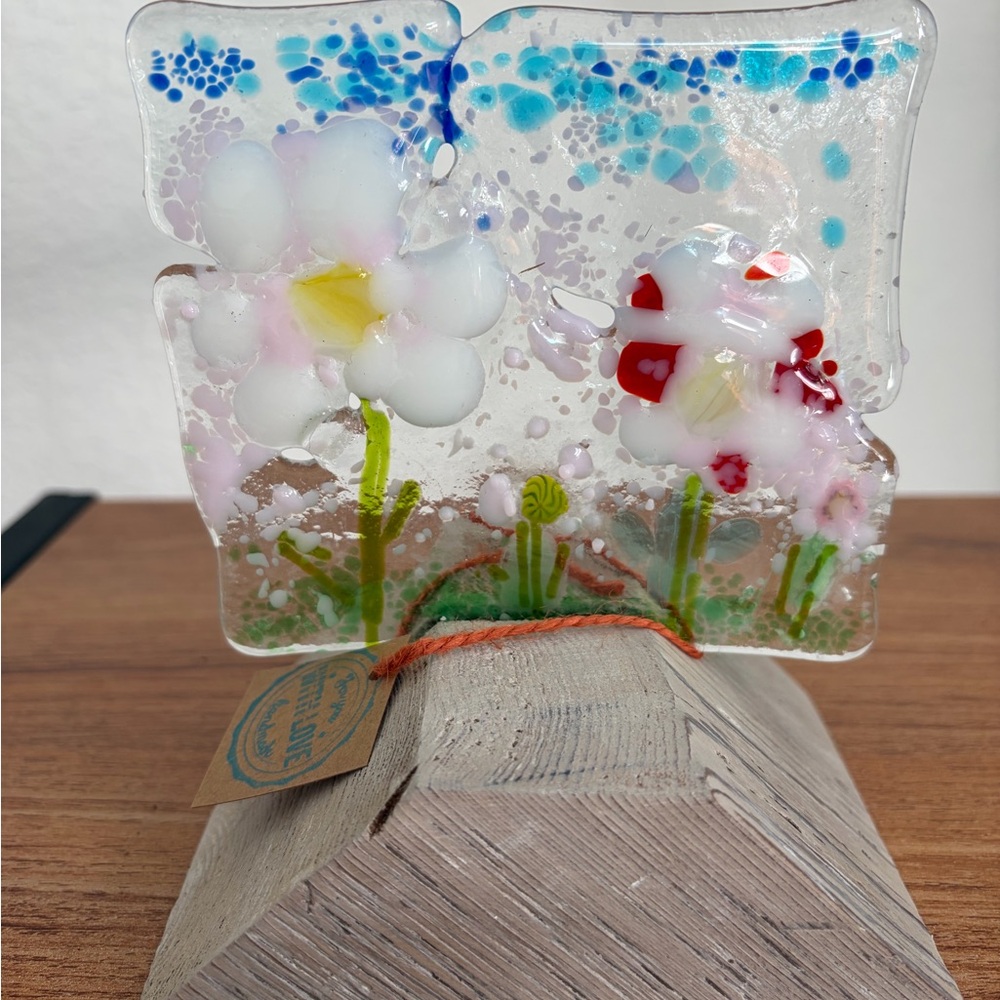 Handcrafted Floral Glass Art with Wooden Base